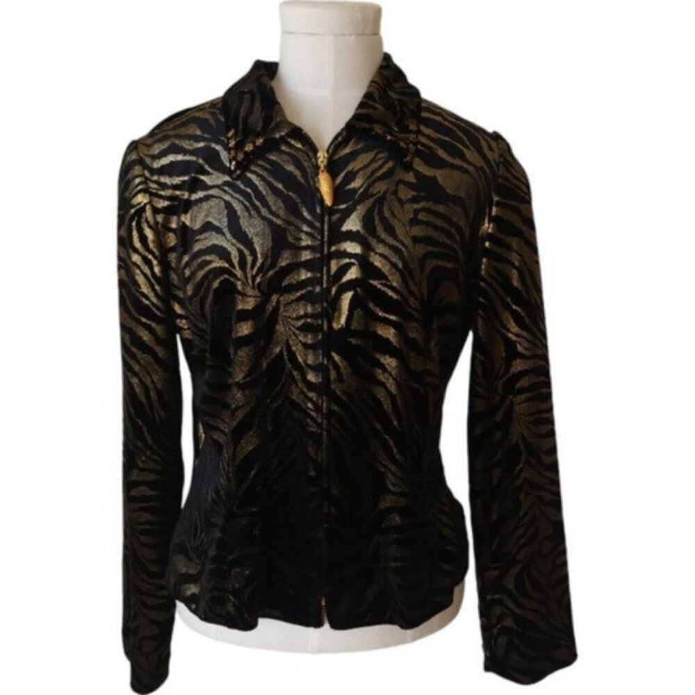 Vintage Joseph Ribkoff trends black and gold velvet zebra print cardigan